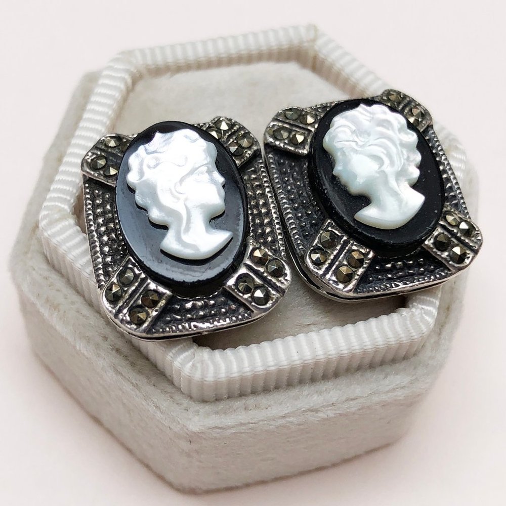 Lady cameo earrings stud, accent quirky marcasite earrings